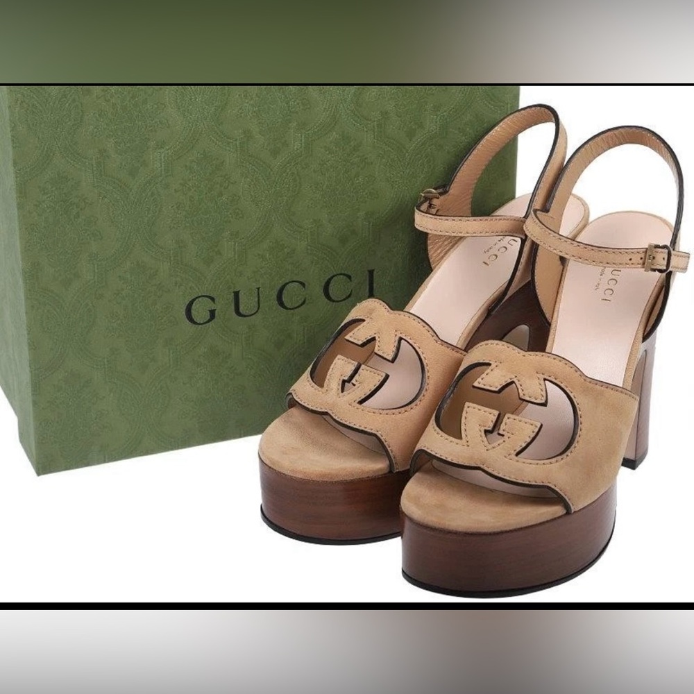 NEW GUCCI SAND LEATHER CUT OUT INTERLOCKING G LOGO SANDALS HEELS SHOES 39.5/9.5